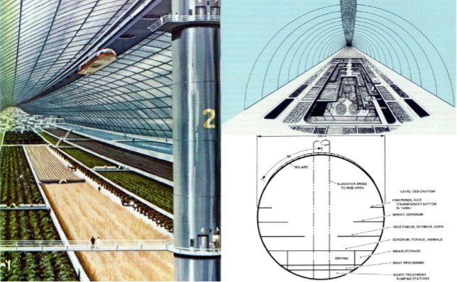 Collage of “cascading farms” imagery from Ref 6. Left (Ref 5. Ch 3 frontispiece) shows a painting of how vertical farming might look in a torus-shaped colony. Right-upper (Ref. 5 Fig 5-11) -another view. Right-lower (Ref.6 Fig. 5-12) cutaway view.